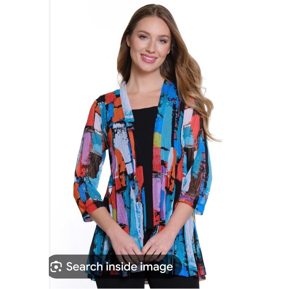 Ali Miles Printed Mesh Open Front Kimono 2X Multicolor Abstract Art Layering NWT